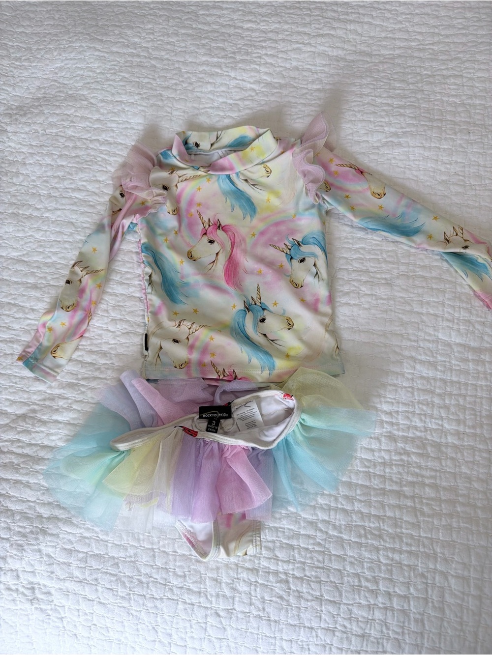 Rock Your Kid Swimsuit Long Sleeve Top with Pastel Tulle Skirt Bikini Bottom